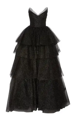 strapless tiered glittered tulle ballgown in black