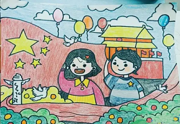 小学生向国旗敬礼的儿童画