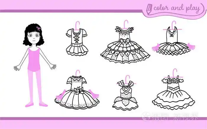 插画 小芭蕾舞演员女孩.装扮在卡通风格的纸娃娃与芭蕾图图.