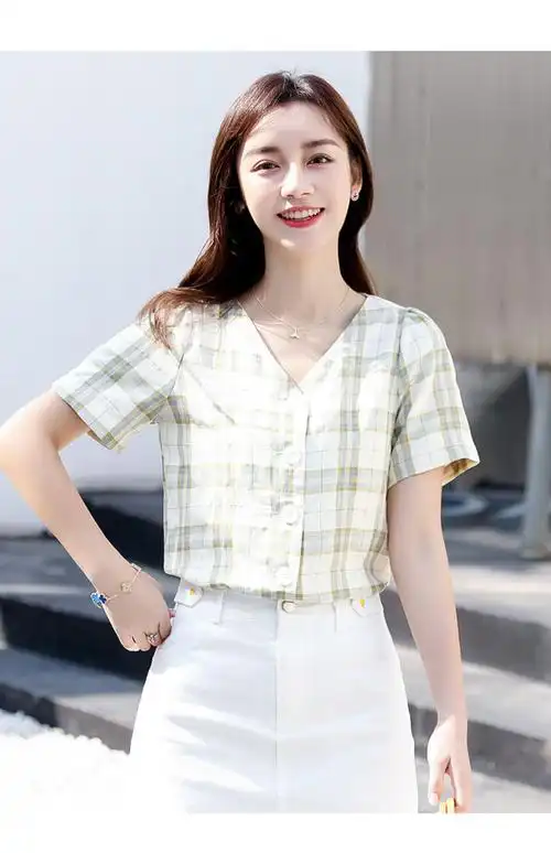 gsvt轻奢品牌女装 短袖衬衫女2021年夏装新款设计感小众夏季薄款v领