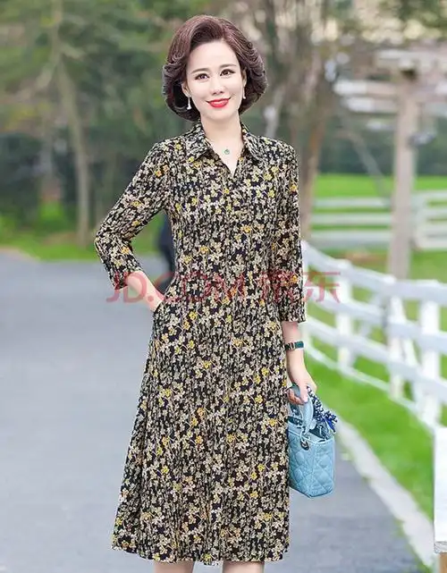 中年妇女高端大气上档次的连衣裙秋裙时尚大方优雅胖太太春秋季七分袖