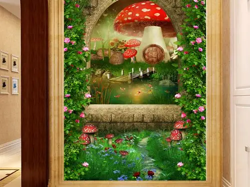 梦幻童话森林蘑菇3d玄关过道背景墙壁画