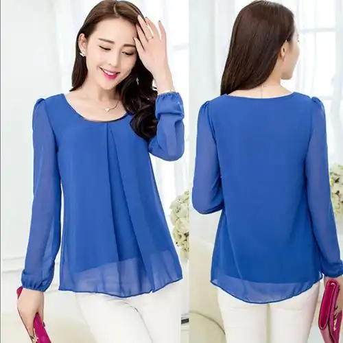 春秋新款大码女装雪纺衫长袖宽松显瘦上衣女士韩版打底衫简约t恤白色