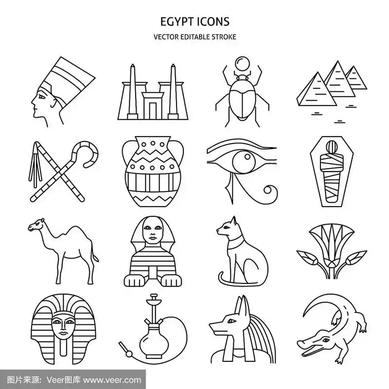 埃及图标设置在细线风格