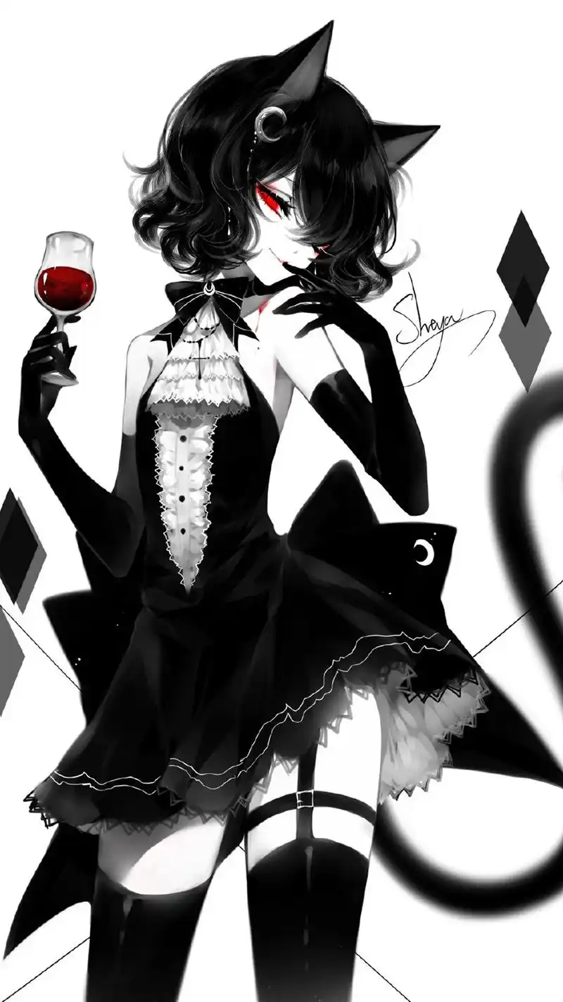 暗黑系列少女插画,黑白色调沉闷压抑,红色的点缀更添诡异