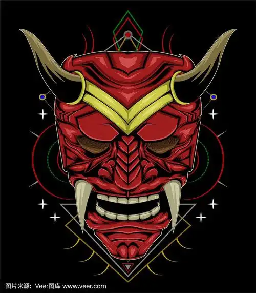 红魔脸插图.矢量头的红色恶魔.日本鬼面具
