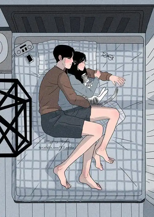 幸福就是我抱着你你抱着猫一起做个好梦韩国画师myeongminho情侣插画