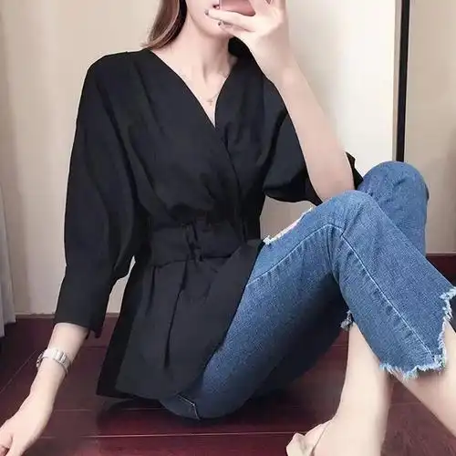 春夏新款女装设计感小众衬衫女黑色小心机上衣v领显瘦雪纺衬衣女 - 17