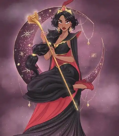 坐在月亮上的迪士尼公主艾莎女王闪闪发光茉莉公主已黑化