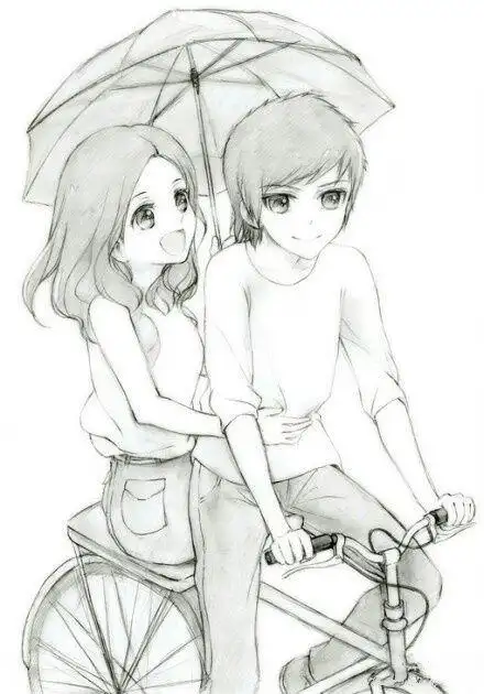 一张蓝色底图 上面是素描的一个男孩子骑自行车带着一个女孩子 女孩子