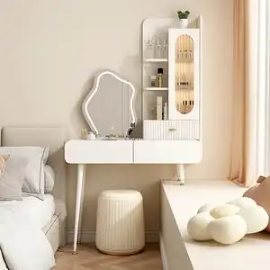 轻奢奶油风飘窗网红梳妆台收纳柜一体现代简约窄化妆桌半搭高低脚