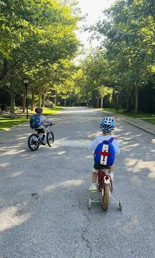 靳东在个人社交账号上晒出两个孩子一起骑自行车的背影照,为4岁小儿子