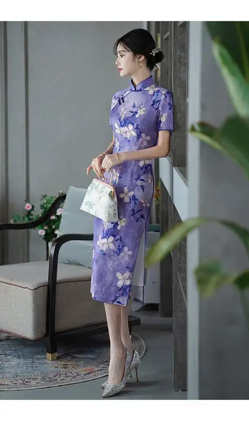 都市通勤悉姗时尚女装旗袍新款女夏轻款少女气质超火轻熟风紫色花朵中