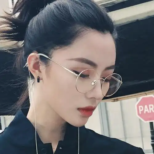 青陌圆形长脸眼镜框女ins复古原宿风前卫带链子平光镜近视眼睛潮