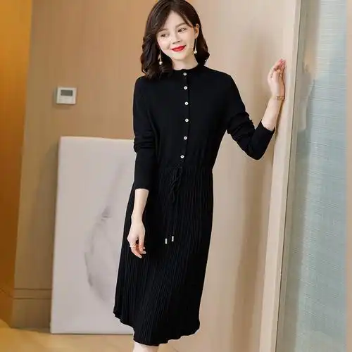 100纯羊毛连衣裙冬季2021新款收腰打底长裙女中长款过膝毛衣裙子