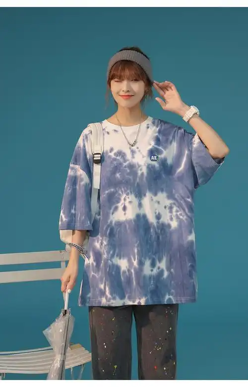 小风满袖扎染短袖t恤男2021夏韩版ins潮流bf风半袖宽松休闲情侣t恤