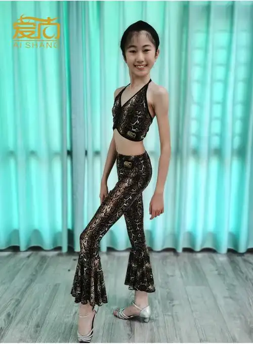 爱尚舞少儿拉丁舞表演女童练习套装喇叭裤露背女孩拉丁舞练习套装