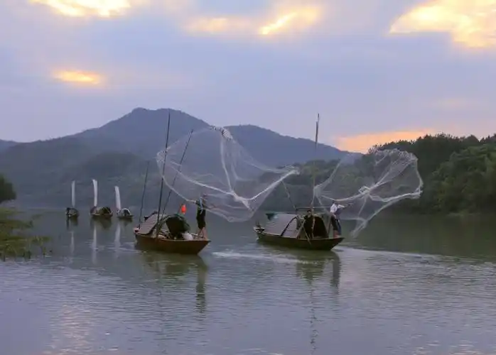 瓯江渔夫撒渔网