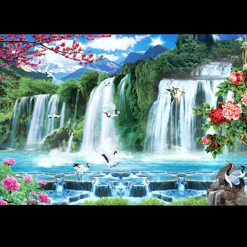 鱼缸背景纸高清造景壁纸后景装饰3d立体图瀑布背景纸山水壁画贴纸