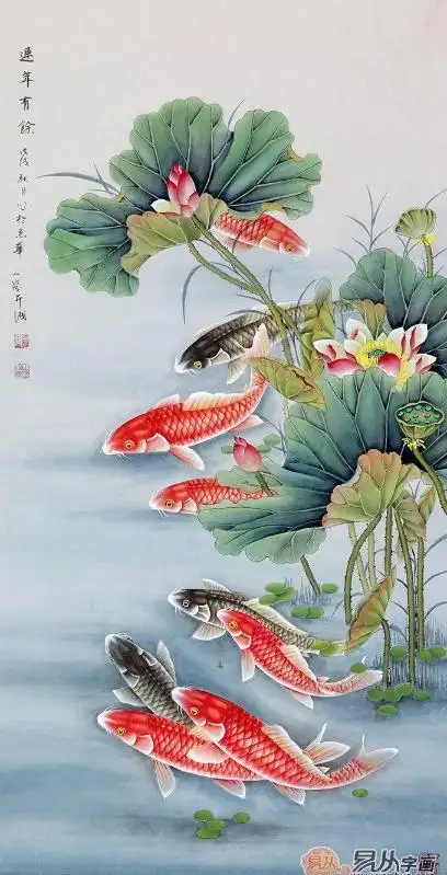 牡丹九鱼图 王一容新品花鸟画《富贵有余》王一容四