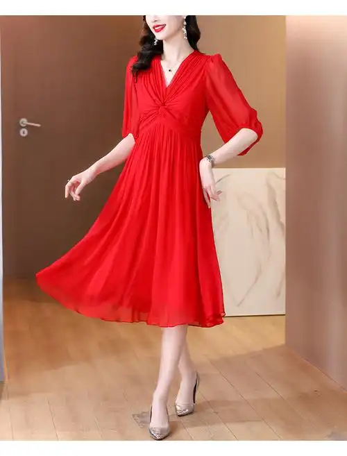 2024年新款红色真丝气质高端女神大牌桑蚕丝连衣裙 - 17网