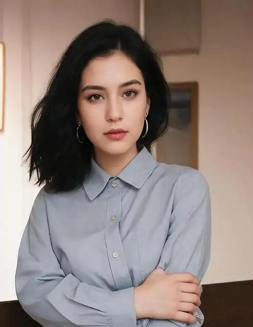 李连杰妻子利智,浅蓝色高领外衣,黑色头发,气质优雅动人