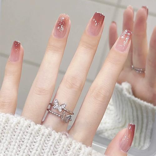 穿戴甲短款棕色渐变闪粉纯欲风指甲贴片显白美甲甲片网红爆款