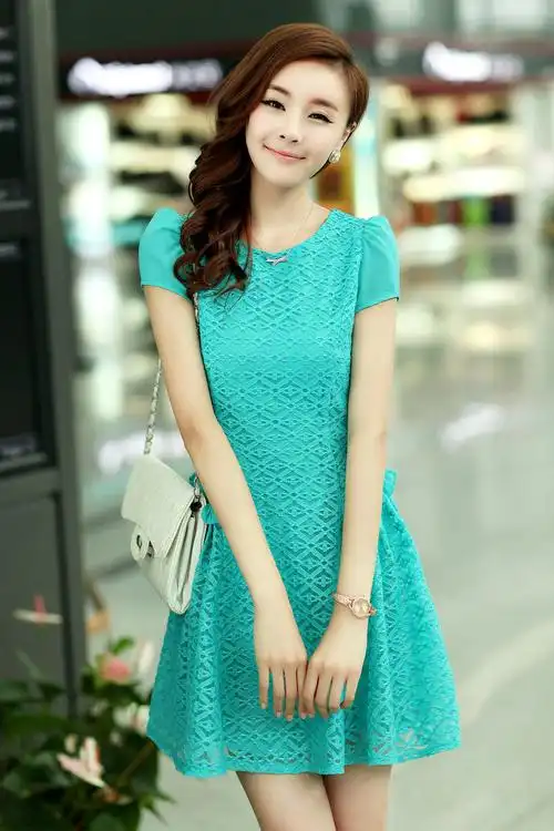 80170 韩版2013夏季新款 雪纺连衣裙 修身显瘦泡泡袖镂空短裙子