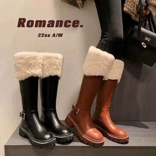 雪地靴女冬季加绒加厚长靴真皮棕色厚底高筒长筒抗寒皮面及膝长款