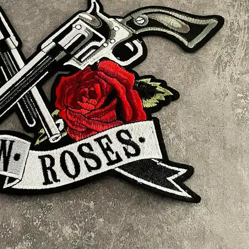 大号朋克双枪玫瑰枪花乐队刺绣布贴补丁机车骑士布贴