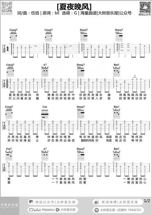 夏夜晚风吉他谱_伍佰_g调女生版_吉他弹唱演示/教学