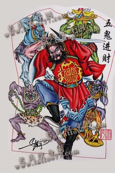 男人纹身图案:满背钟馗五鬼进财纹身图案