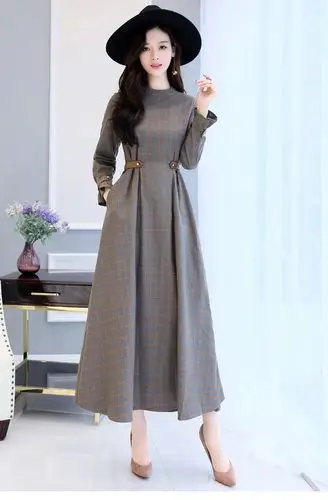 秋季新款韩版气质淑女2018女装连衣裙 时尚修身显瘦格纹长款a字裙