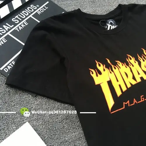 潮牌欧美原宿风街头thrasher火焰图案滑板全棉短袖t恤.