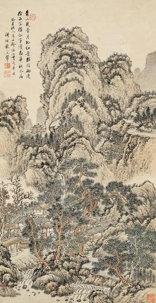 王翚观瀑图立轴设色纸本