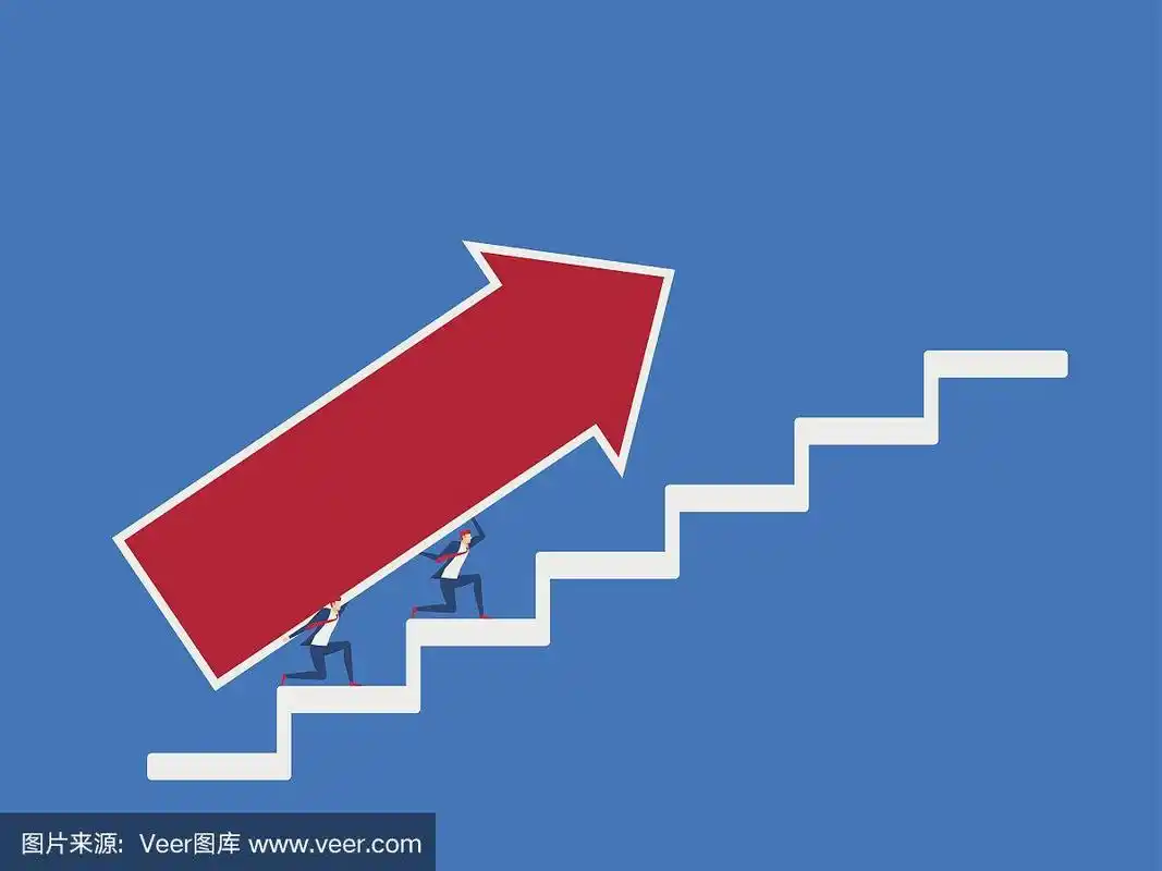 业务团队带着增长箭头走向目标和成功的阶梯.一步一个脚印走向成功.