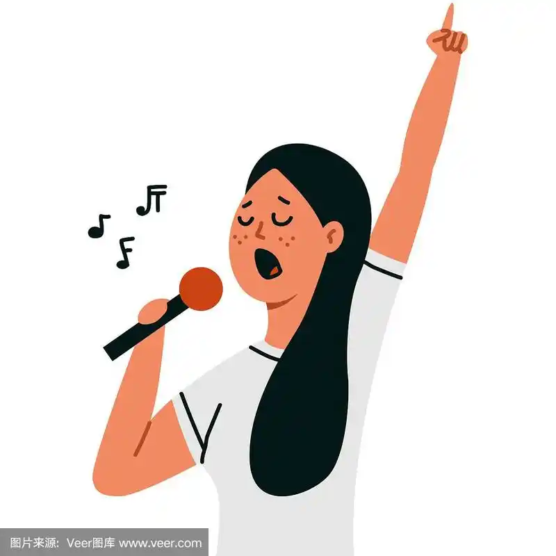 卡拉ok矢量卡通插图与一个女人唱歌的麦克风隔离在一个白色的背景.