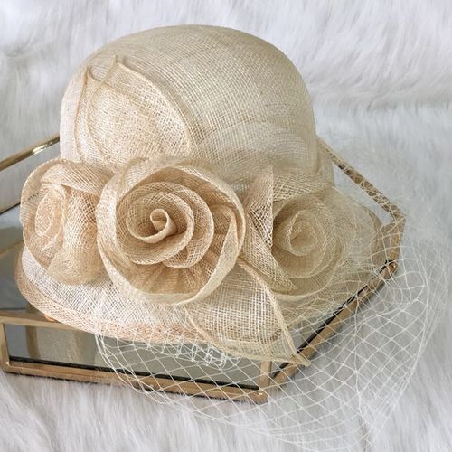 欧美手工花朵网纱亚麻纱复古贵族女士名媛带面纱礼帽子夏季遮阳帽