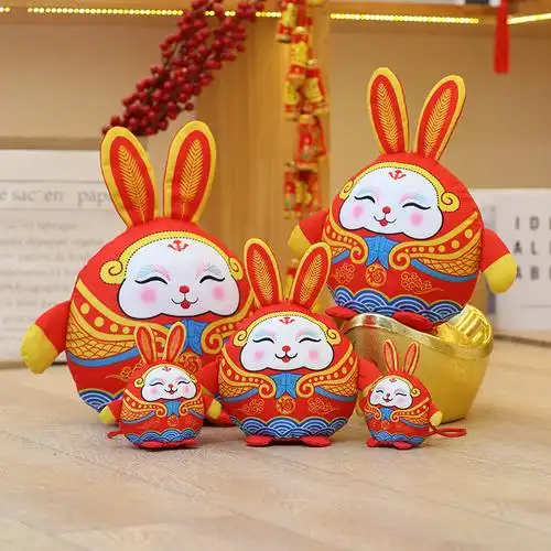 国风布艺招财兔毛绒公仔兔年吉祥物新年春节摆件玩具小兔挂件礼品