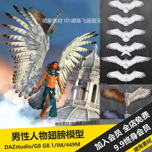 daz3d studio 男性人物天使翼人羽毛大翅膀和尾翼模型 游戏3d素材