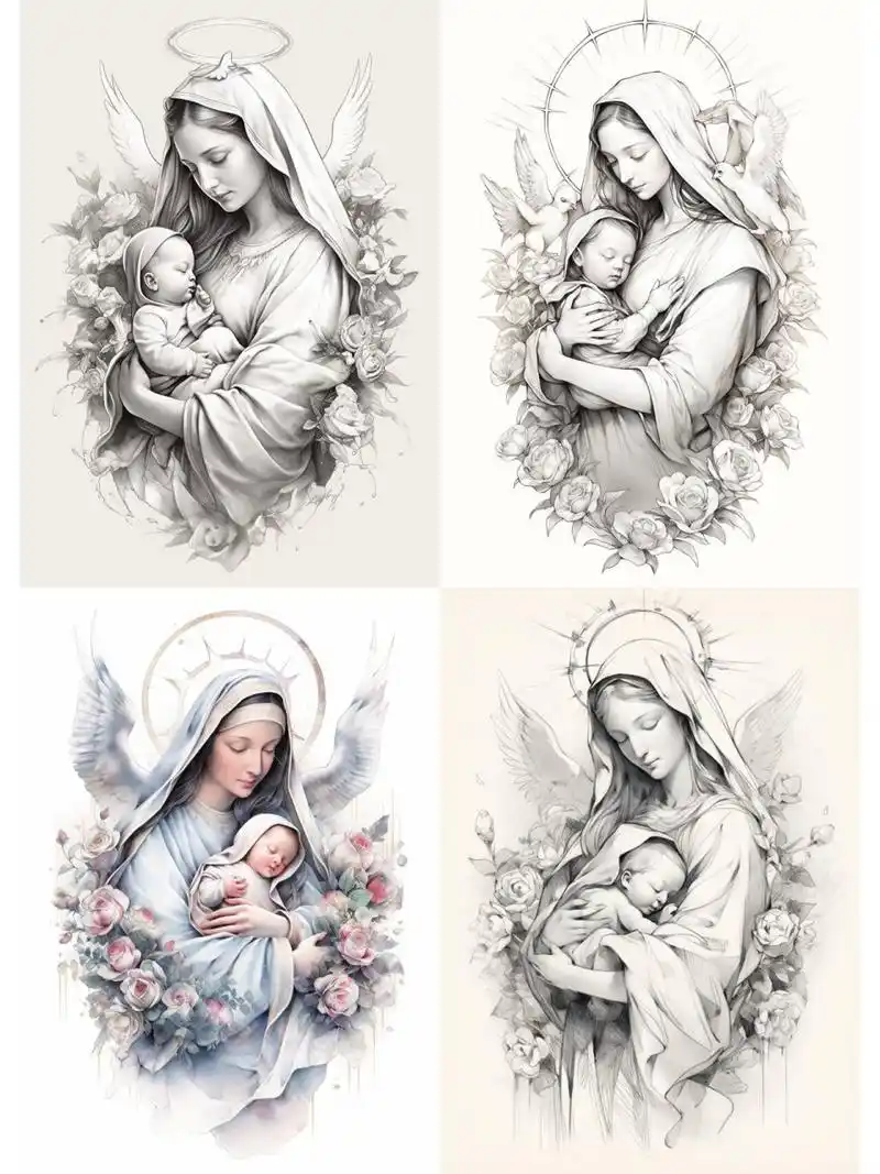 ai生成圣母玛利亚纹身手稿,收藏给个小红星
