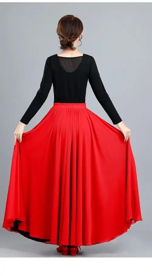 雪纺半身裙广场舞裙子半身裙黑红双面雪纺大摆裙中老年演出舞服绿兰