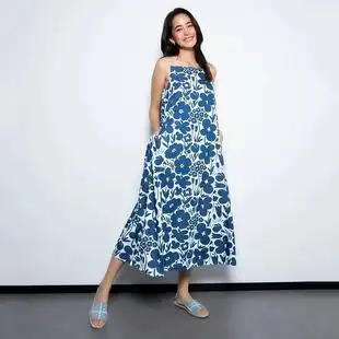 正品优衣库marimekko 2021夏季女装 牛仔碎花吊带连衣裙 436667