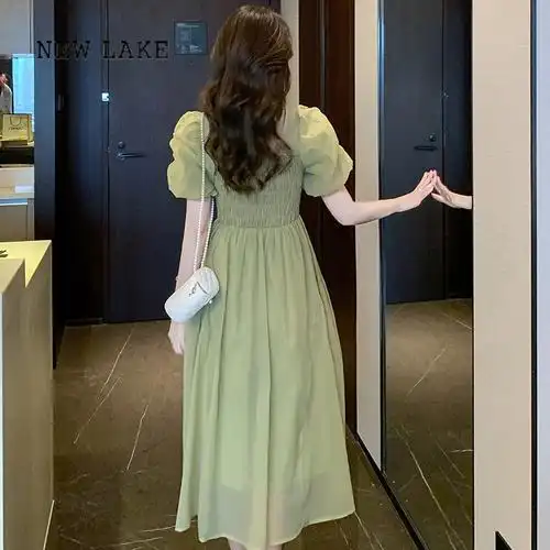 new lake夏季绿色连衣裙子女装2023年新款别致惊艳气质仙女温柔风长裙