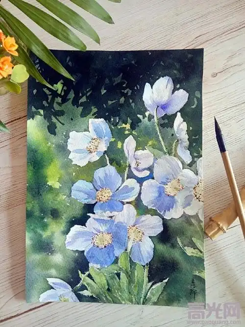 小清新水粉花卉画法步骤,用水粉画好看的蓝色小花