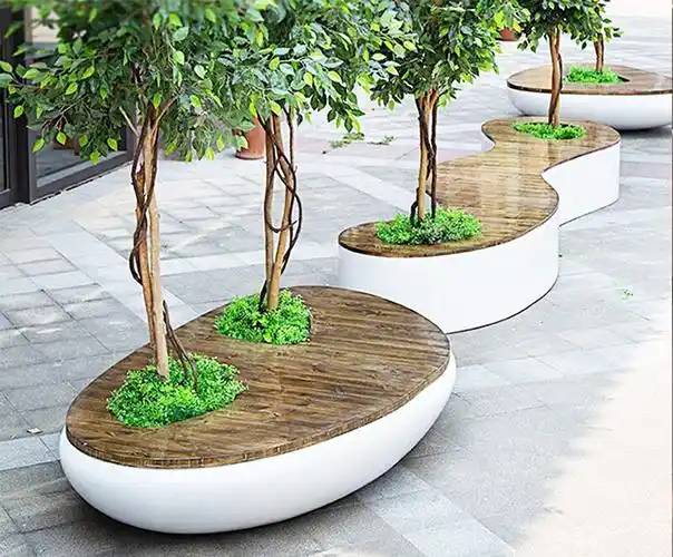 玻璃钢异形公共座椅实木面公园户外坐凳广东杜克实业