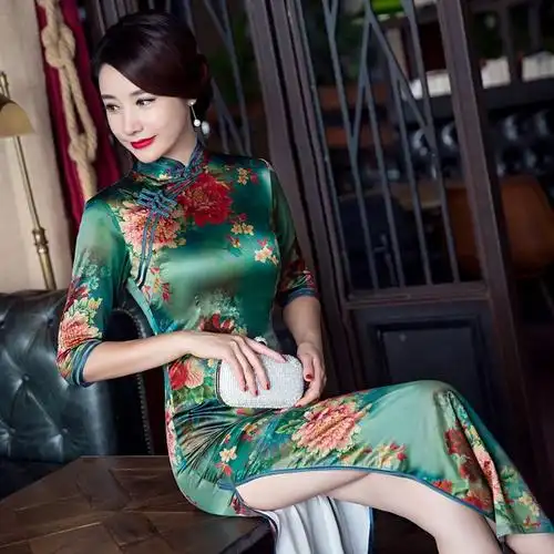 lovelive爆时尚大码妈妈装高档重磅真丝香云纱双层长款长袖旗袍裙