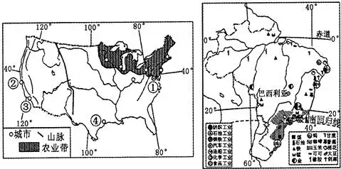 读美国本土略图和巴西的农产,矿产和工业分布图,回答下列