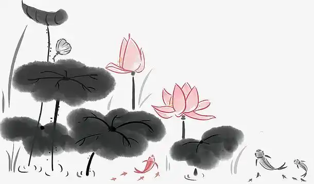 水墨中国画荷塘荷叶荷花金鱼游水