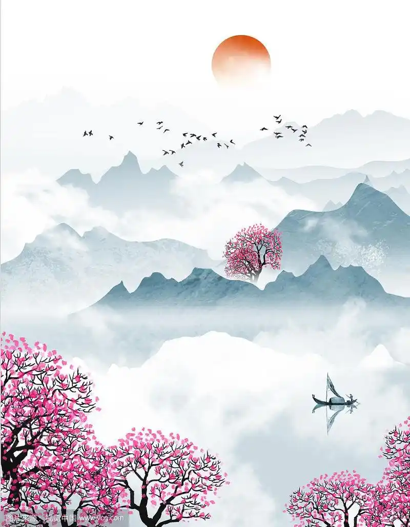 手绘中国风意境水墨山水风景画